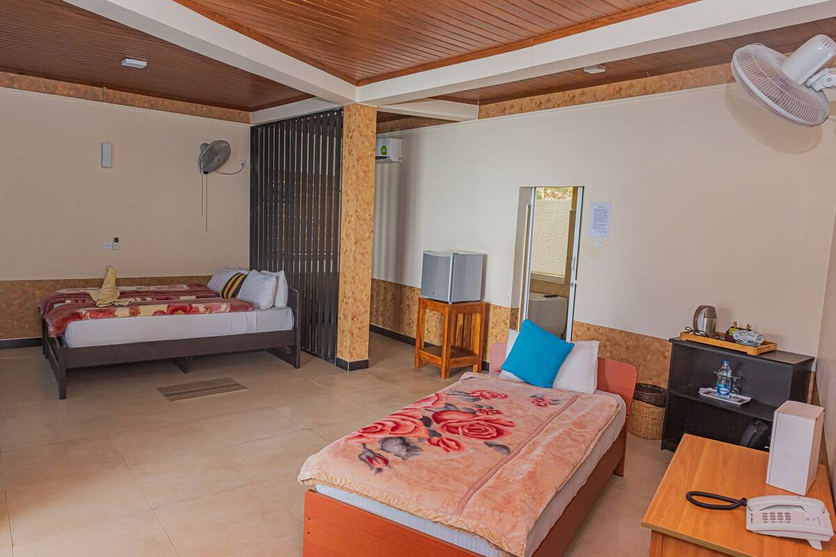 A hotel room with a bed, a desk, a mirror, a fan, and a TV.