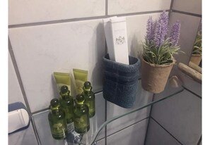 Douche, séchoir à cheveux, serviettes fournies