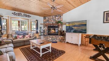 Smart TV, fireplace, table football