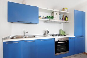 Fridge, stovetop, dishwasher, coffee/tea maker