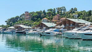 Un port de plaisance où sont amarrés des yachts, une structure ressemblant à un château et des bâtiments aux toits rouges.