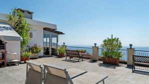 Une terrasse avec des sièges extérieurs, des plantes en pot et une vue sur la mer.