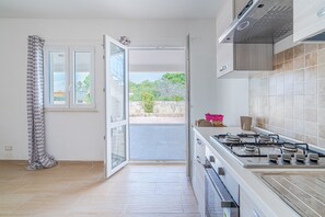 Une cuisine équipée d’une cuisinière à gaz, d’une fenêtre avec un rideau et d’une porte ouverte donnant sur l’extérieur.
