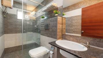 Shower, bidet, towels, soap