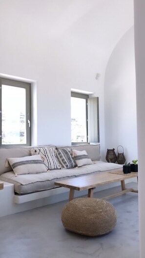 Nice Villa with Outdoor Hot Tub & Sea View | Living area | 1-inch flat-screen TV with digital channels, TV - Nice Villas (Santorini)