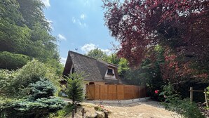 Una casa rustica con tetto di paglia, circondata da un giardino con diverse piante e un vialetto in pietra che conduce all'ingresso.