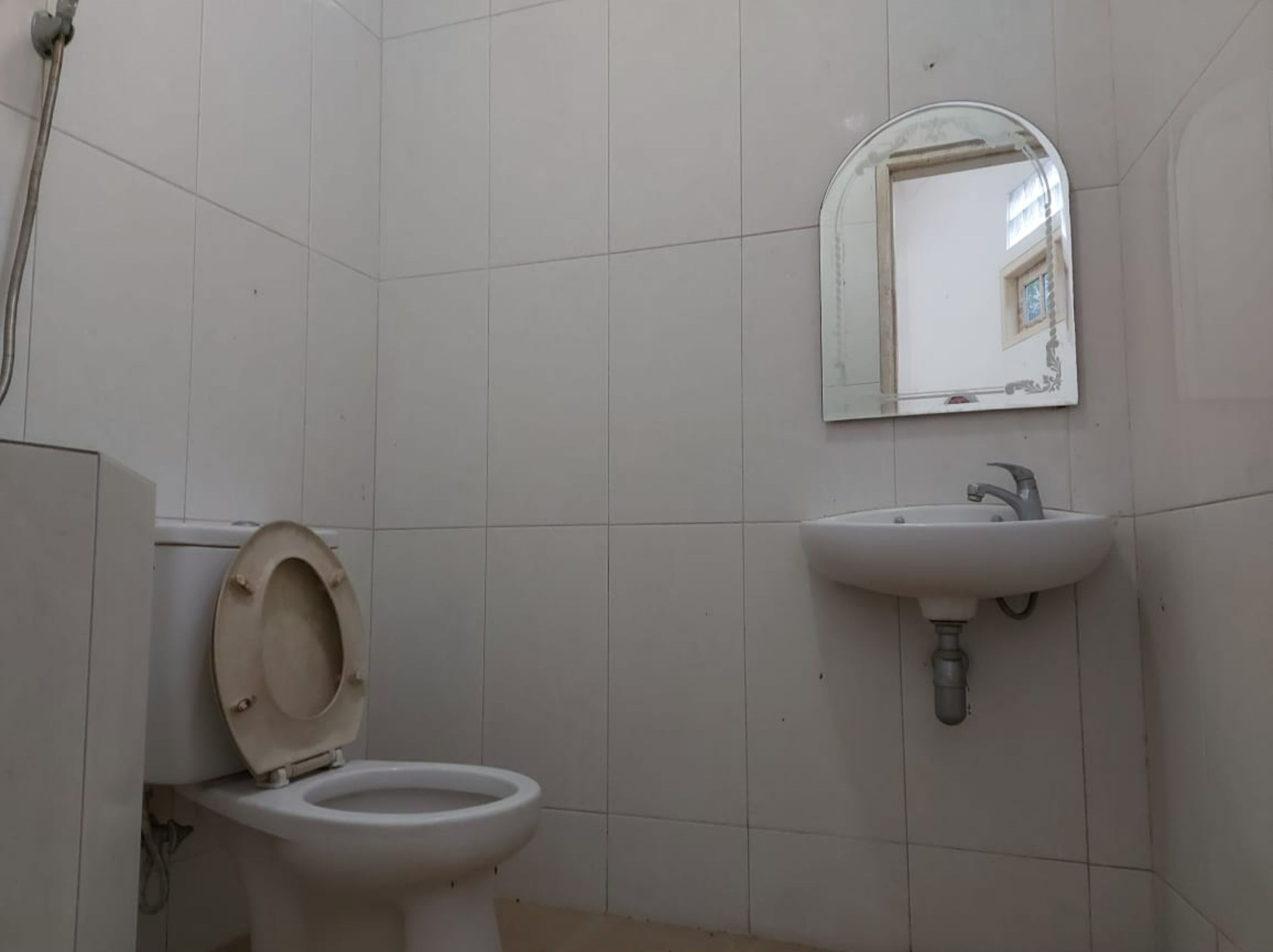 A bathroom with a toilet, a sink, and a mirror.