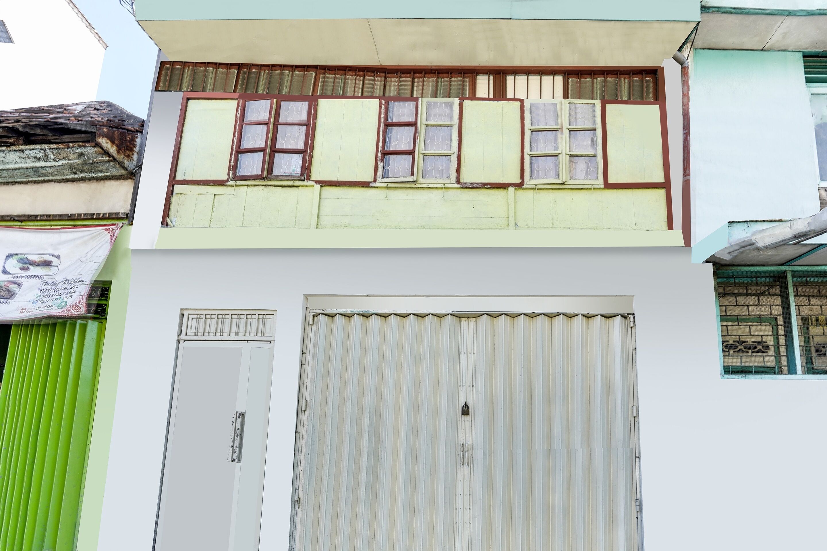 A two-story building with a green door, a large metal gate, and a window with a metal grille.