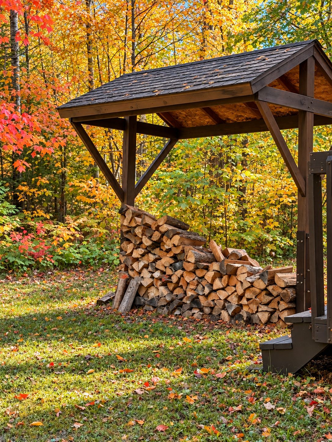 Une structure en bois, dotée d’un toit en pente, entourée d’une pile de troncs d’arbres coupés et de feuilles d’automne.
