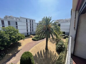 A courtyard with a palm tree, a pathway, and modern buildings in the background. - Spacious 2-BR Apt in Saint-Cyprien, 400m to Beach, Pets Allowed (Saint-Cyprien)
