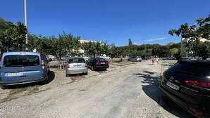 Ein Parkplatz mit mehreren Autos, Bäumen und Gebäuden im Hintergrund.