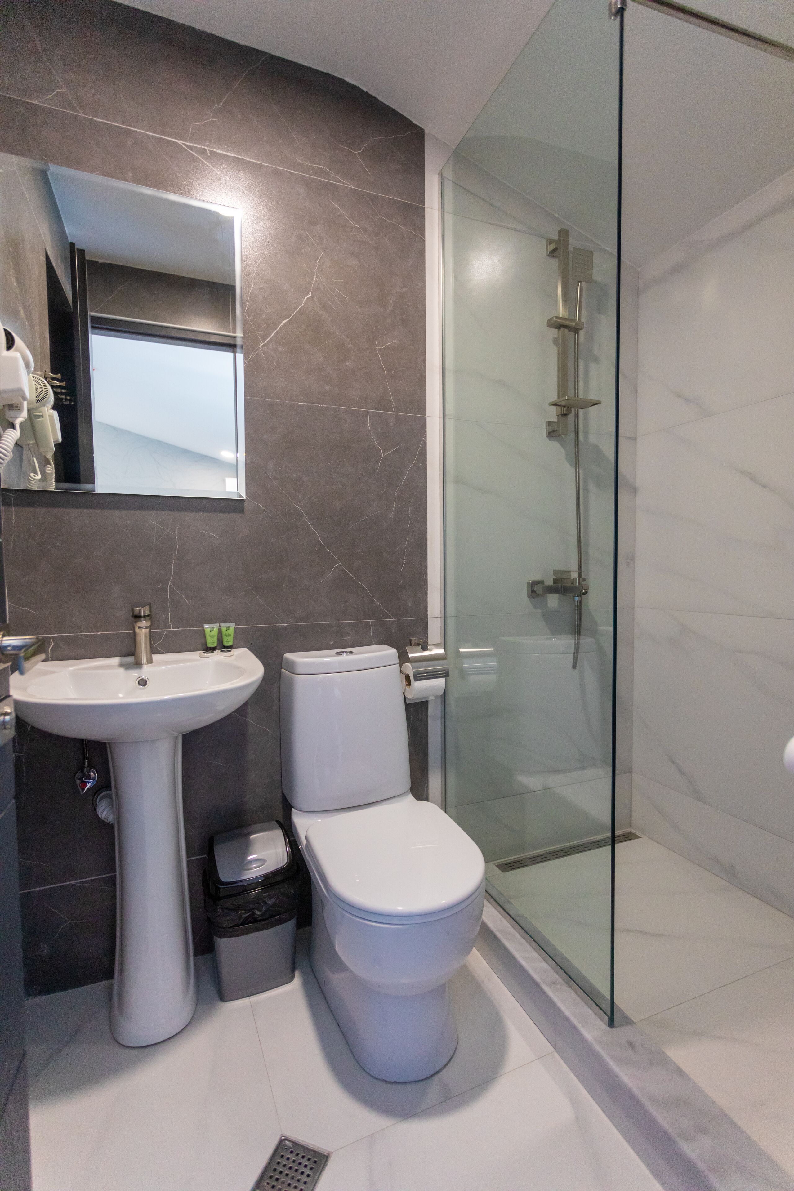 A modern bathroom with a glass-enclosed shower, a pedestal sink, and a toilet.
