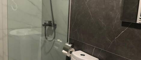 A bathroom with a glass-enclosed shower, a white toilet, and a sink with a mirror above it.