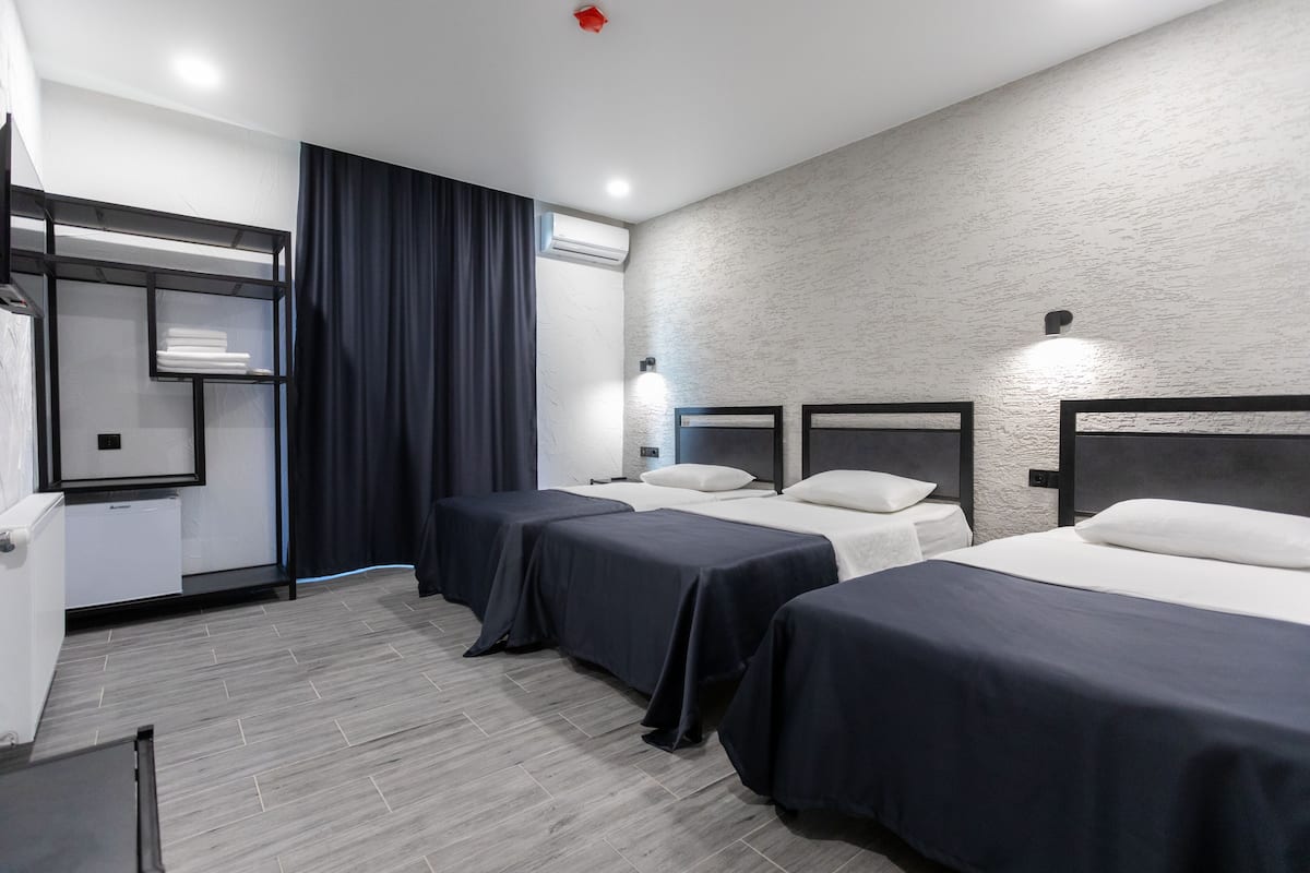 Une chambre d’hôtel avec deux lits simples, une armoire intégrée, un bureau et un grand miroir.
