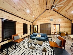 Smart TV, fireplace, books