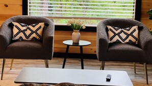 Deux fauteuils ornés de coussins à motifs, une petite table ronde sur laquelle est posé un vase de fleurs, et une télécommande sur une table basse blanche.