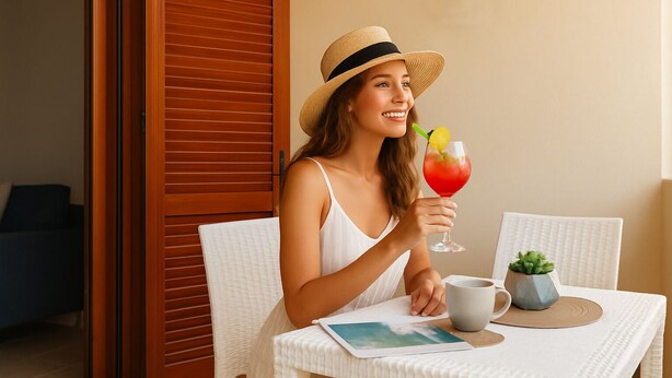 A person seated at a white table with a drink, a small plant, and a magazine. - Elegant two-room apartment with wifi, air conditioning, central area (Sardegna)