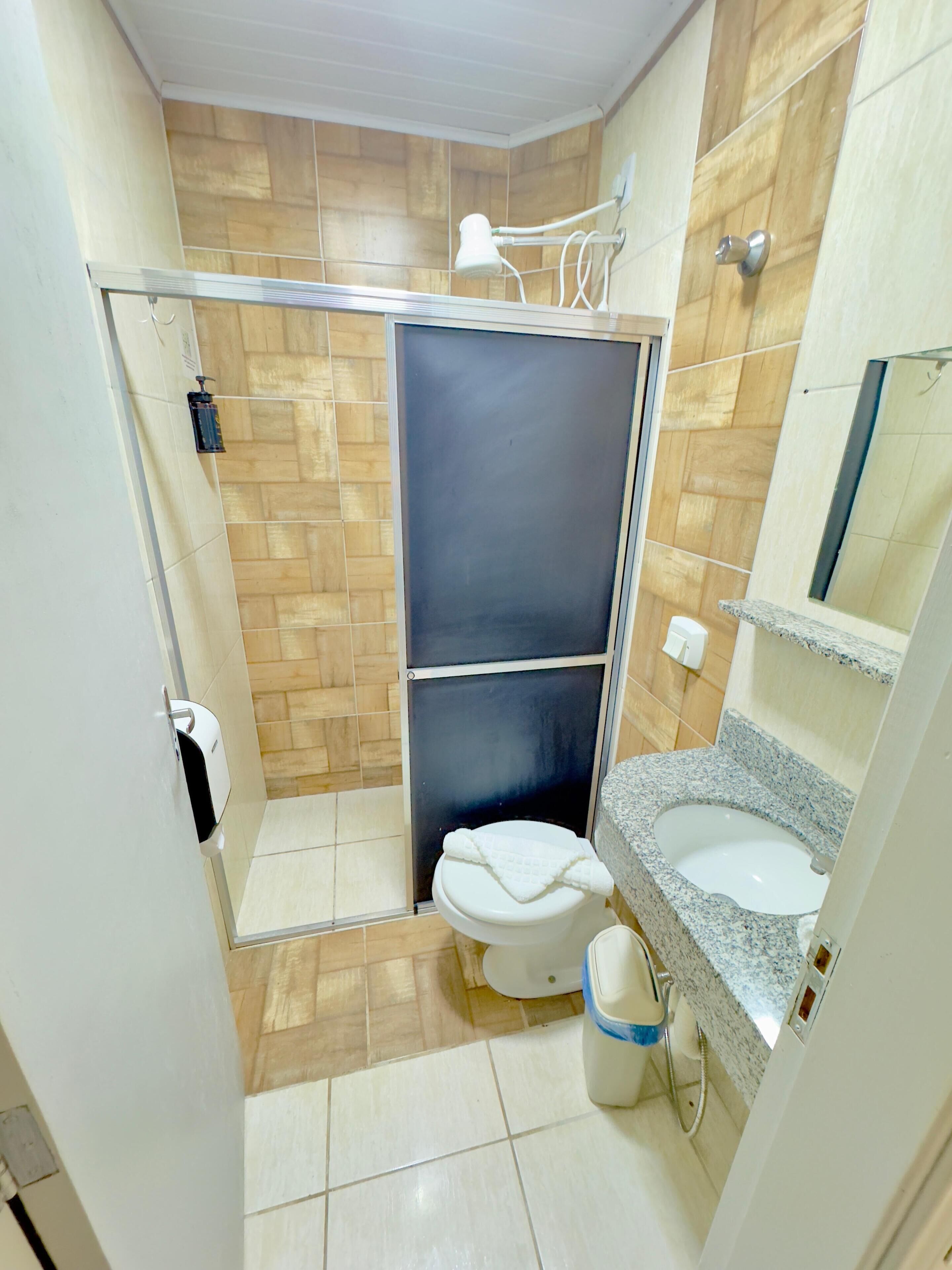 A compact bathroom with a shower enclosure, a toilet, a sink, and a mirror.