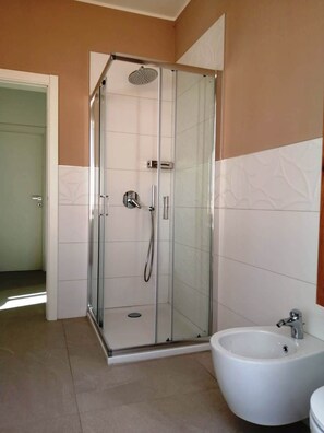 Hair dryer, bidet, towels, soap