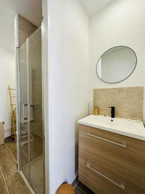 Shower, hair dryer, towels