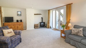 A living room with a sofa, a television, a fireplace, and a view through the glass doors.