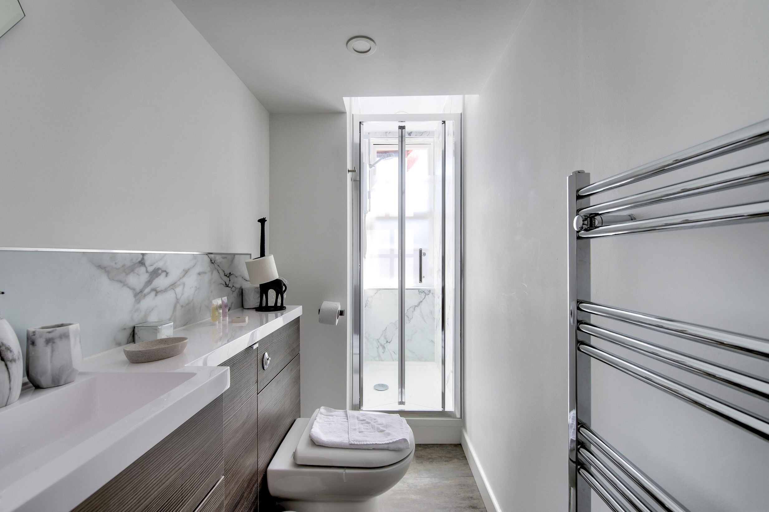 Shower, towels, soap, shampoo