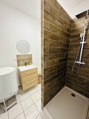 Shower, hair dryer, towels