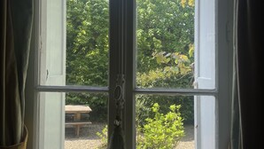 A window with white shutters, a wooden bench outside, and greenery in the background.