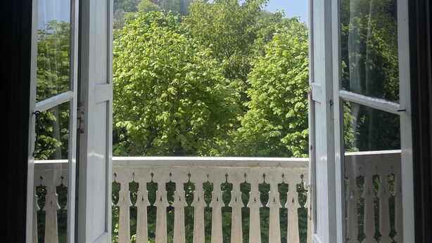 A view through a white-framed window with a decorative white balustrade, overlooking a lush green landscape and a clear sky.