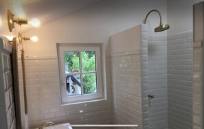 Shower, hair dryer, soap, shampoo