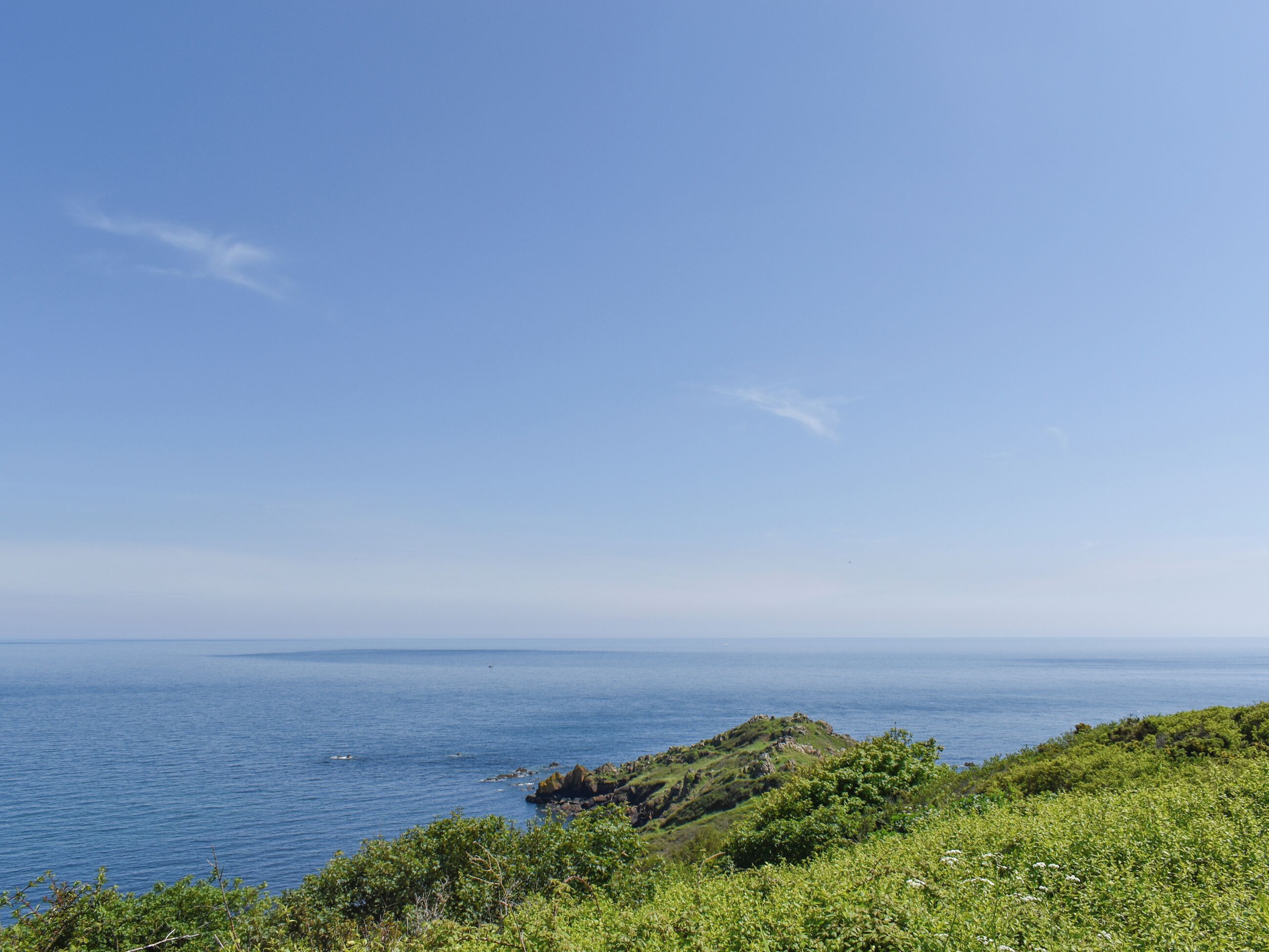 Eine Küstenlandschaft mit klarem Himmel, Blick auf das Meer und einem grasbewachsenen Hügel mit Vegetation.