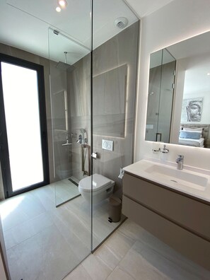 Shower, hair dryer, bidet, towels