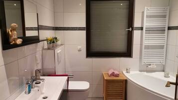Dusche, Haartrockner, Handtücher, Seife