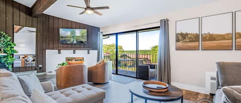 TV, fireplace, books, offices