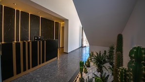 A modern reception area with a marble wall, a reception desk, and a cacti garden. - Apart-Hotel Lili2 (Sarandë)