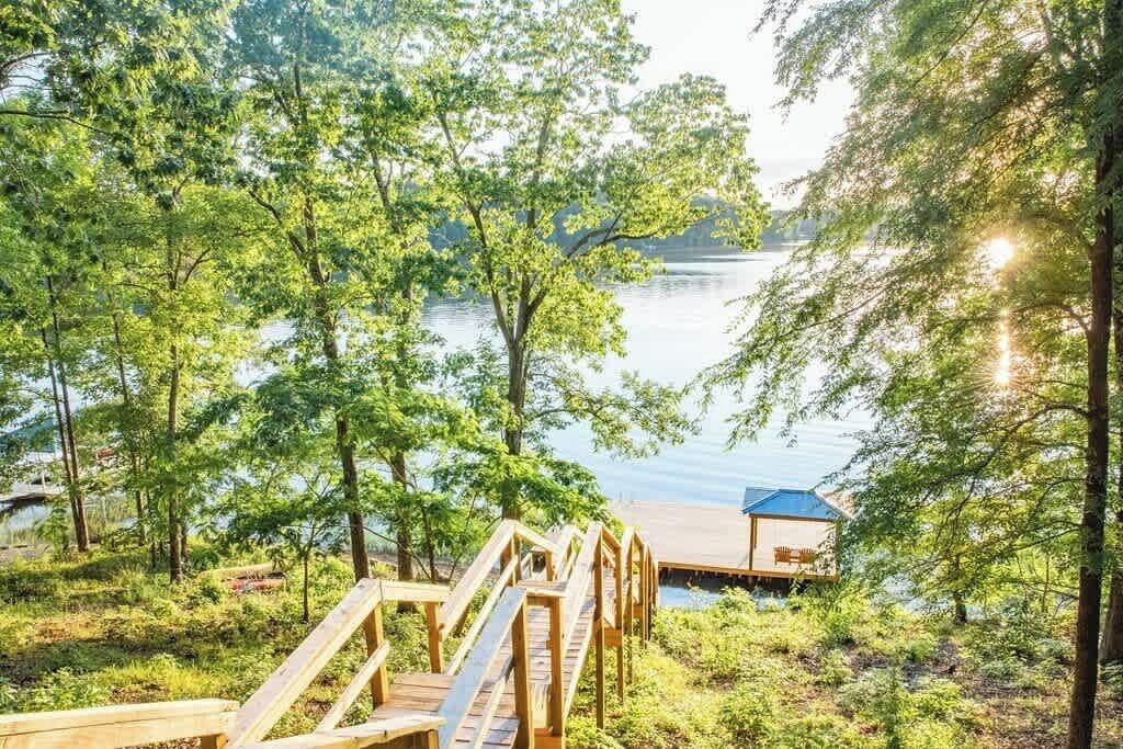 Una terraza de madera que conduce a un muelle sobre un lago, rodeado de abundante vegetación.