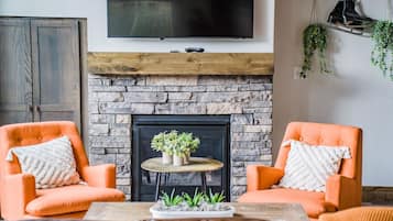 TV, fireplace, video games, books