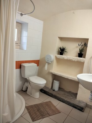 Een douche, een haardroger, handdoeken, toiletpapier
