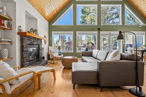 Smart TV, fireplace, foosball