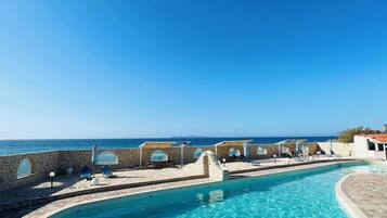 A clear blue swimming pool with a stone deck, surrounded by lounge chairs and umbrellas, overlooking the sea.