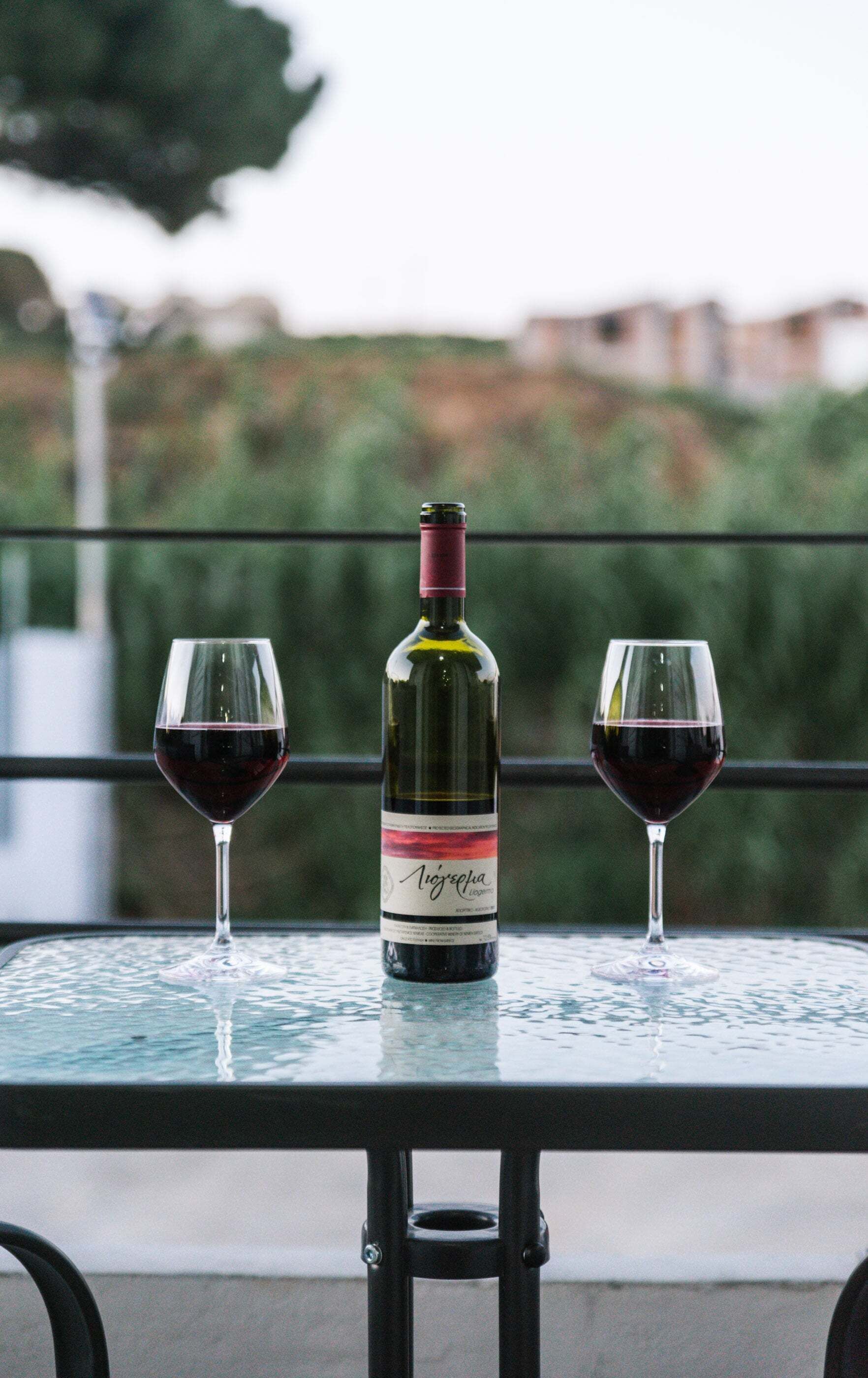 Une bouteille de vin et deux verres sur une table en verre dont le cadre est en métal, le tout placé devant un arrière-plan extérieur flou.