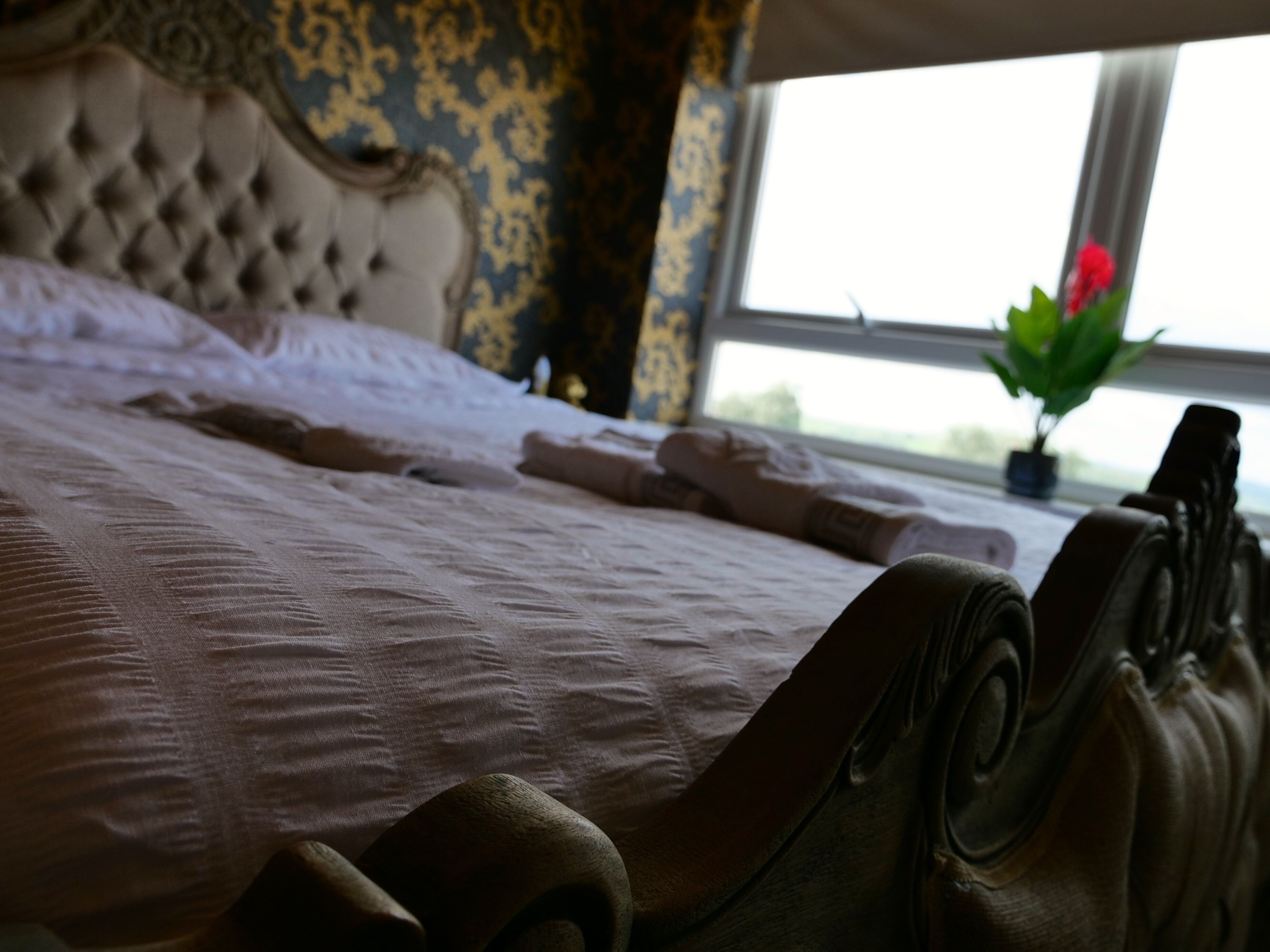 A bed with a tufted headboard, a neatly made bed with pillows and a blanket, and a window with a view of greenery outside.