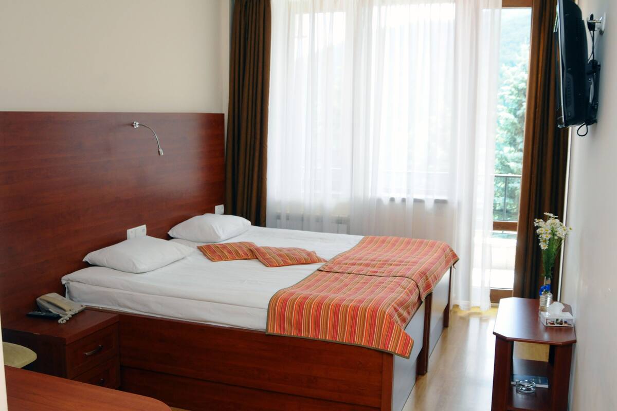 A hotel room with a wooden bed, white bedding, a striped blanket, a bedside table with a phone, and a window with curtains.