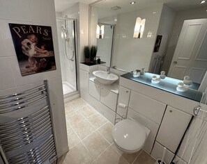 Douche, séchoir à cheveux, serviettes fournies, savon