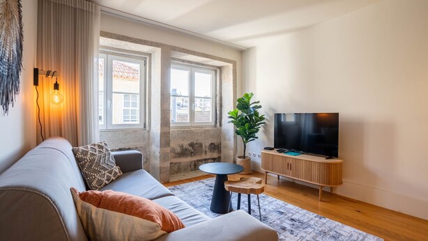 Een moderne woonkamer met een bank, televisie en een plant.