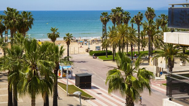 A beach view with palm trees, a clear sky, and a calm sea. - FUENTE Beachfront Apartment (Salou)