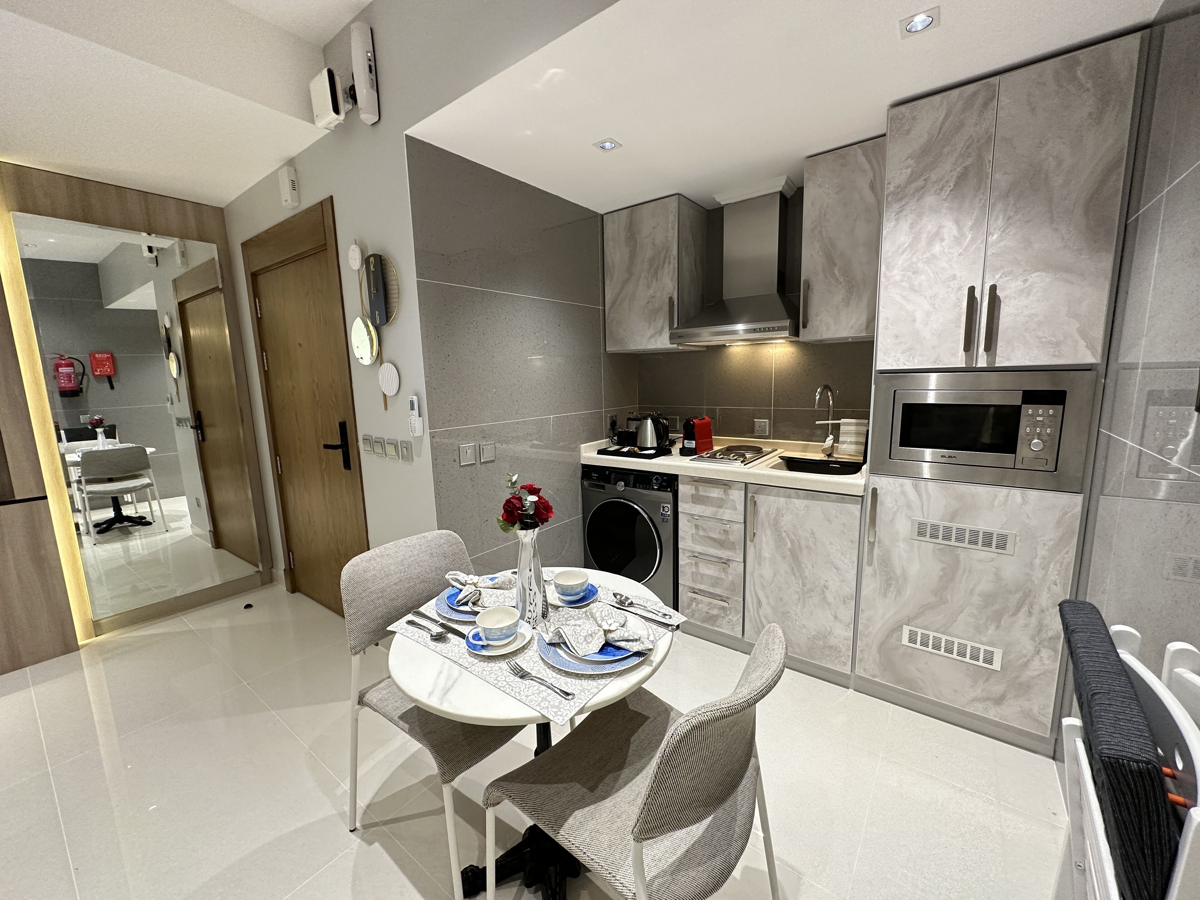 Full-size fridge, microwave, espresso maker, coffee/tea maker