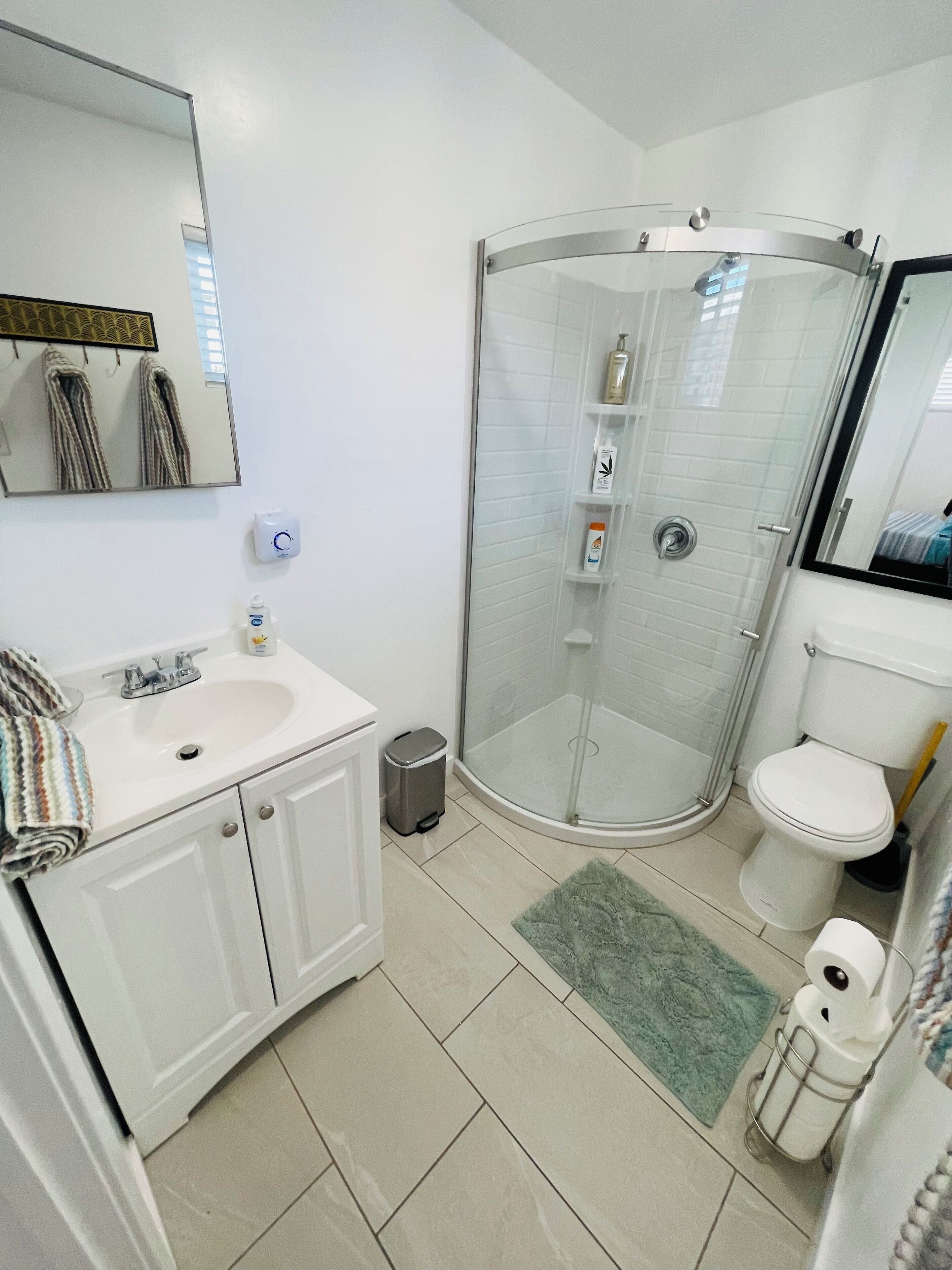 Hair dryer, towels, soap, toilet paper