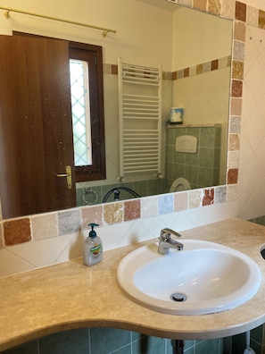 Shower, hair dryer, bidet, towels