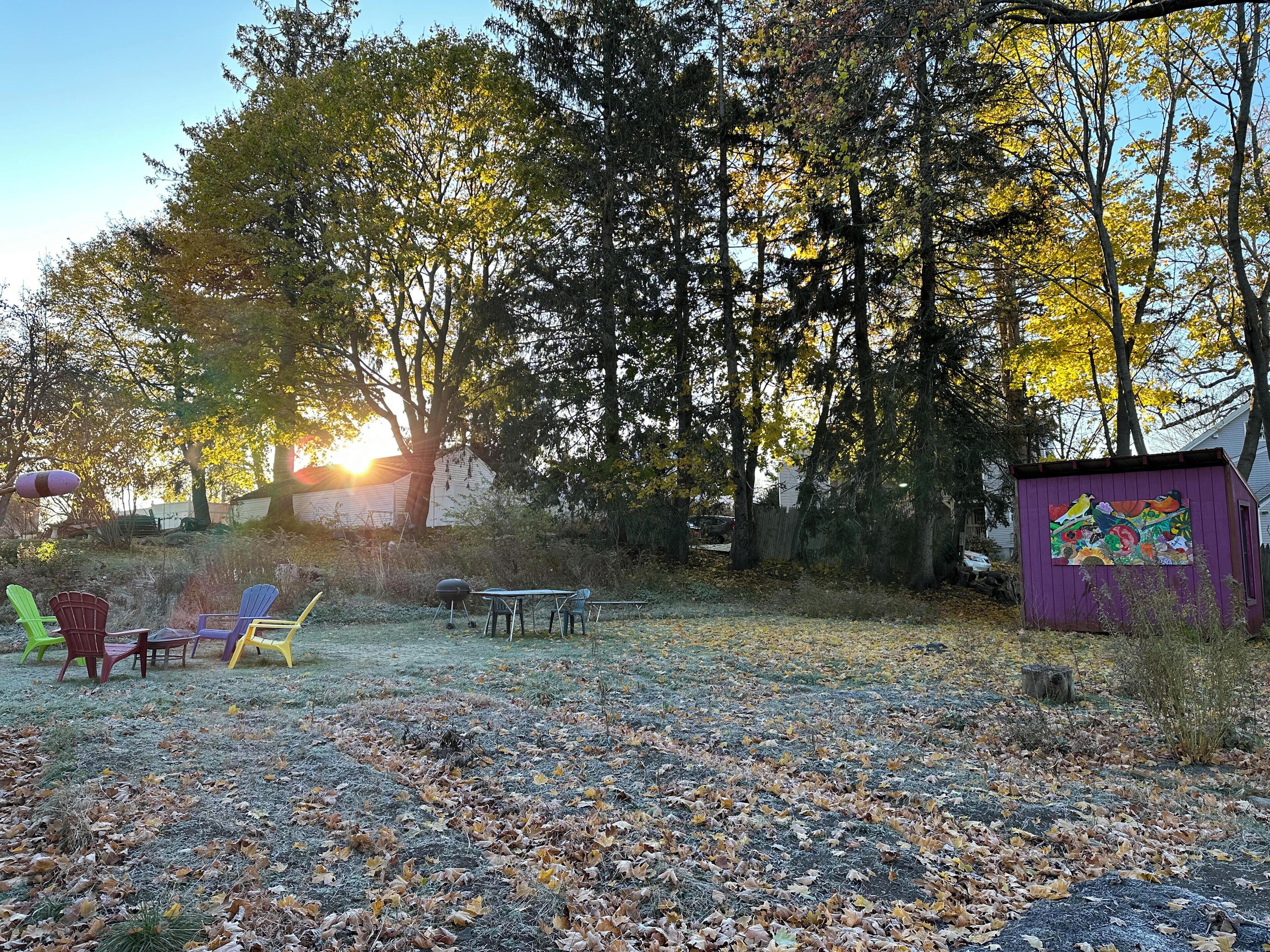Un espace extérieur aménagé avec une table de pique-nique et des chaises, entouré d’arbres et bordé d’un abri de jardin violet.